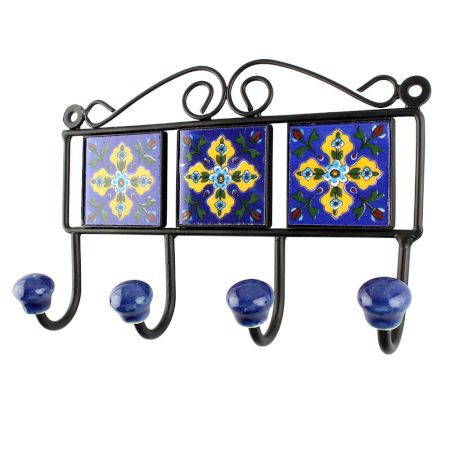 Navy Blue With Yellow Leaf Ceramic Floral Tiles Hook
